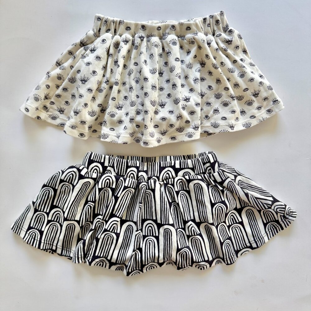 Kate Quinn Skirted Bloomers (2) | Cotton Eye Print + Abstract Arches | 18-24M